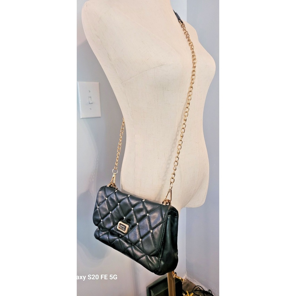 Badgley Mischka VTG Y2K Quilted Black Leather Bag Studded Hipster Chain Strap
